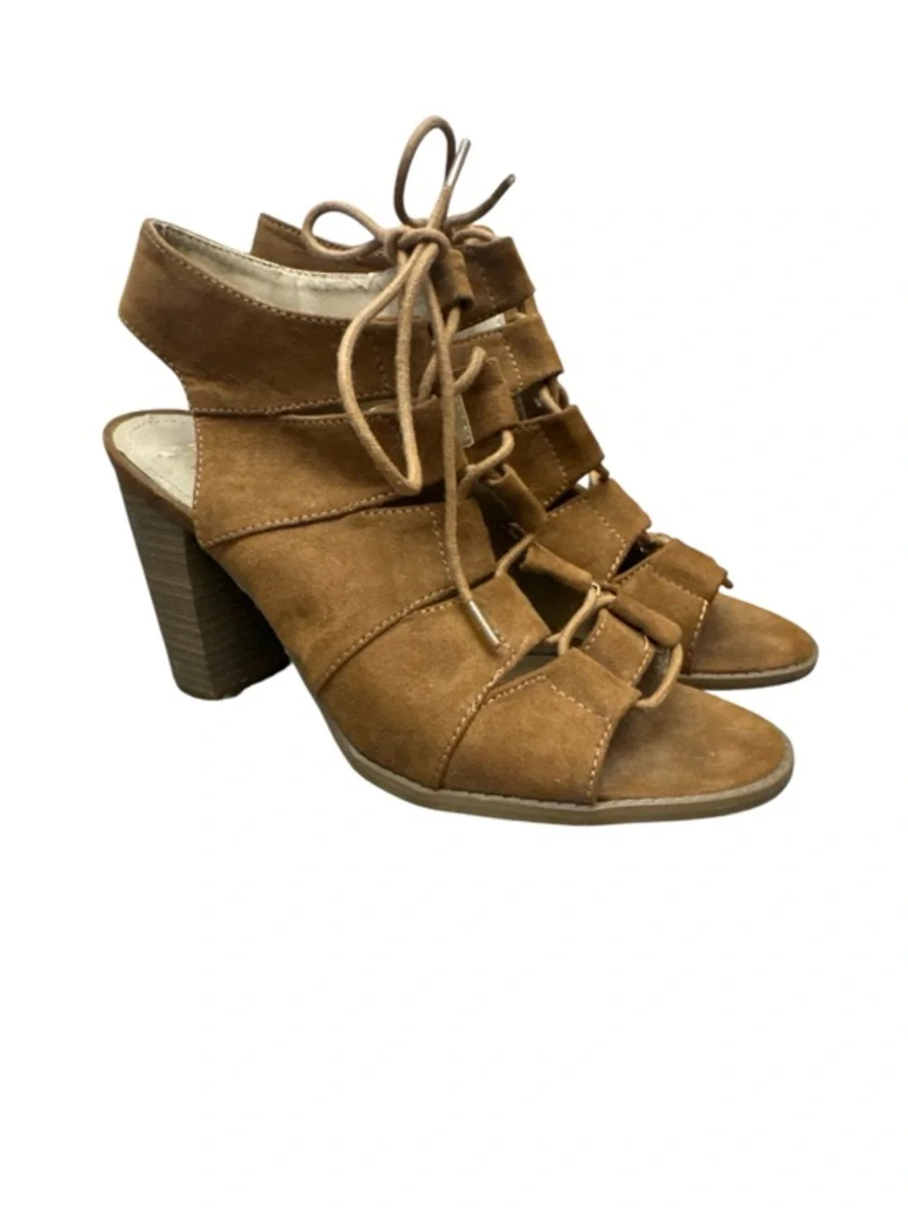 Kenneth Cole Women's Size 8.5 Tan Suede Lace-Up Block Heel Sandals Boho Summer